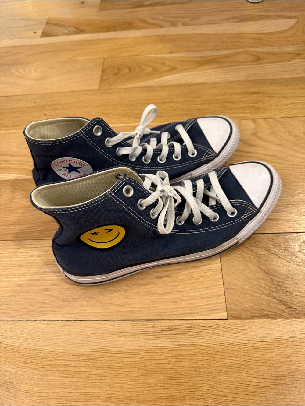 Converse Kids Navy High-Top Sneakers with Yellow Smiley Patch